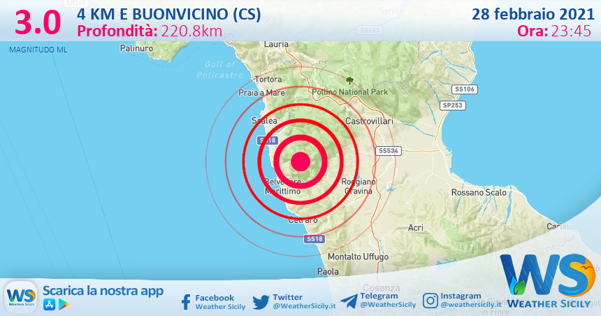 Sicilia: scossa di terremoto magnitudo 3.0 nei pressi di Buonvicino (CS)