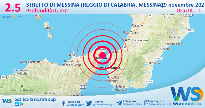 Sicilia: scossa di terremoto magnitudo 2.5 nei pressi di Stretto di Messina (Reggio di Calabria, Messina)