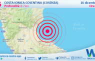 Sicilia: scossa di terremoto magnitudo 2.6 nei pressi di Costa Ionica Cosentina (Cosenza)