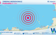 Scossa di terremoto magnitudo 2.6 nel Tirreno Meridionale (MARE)