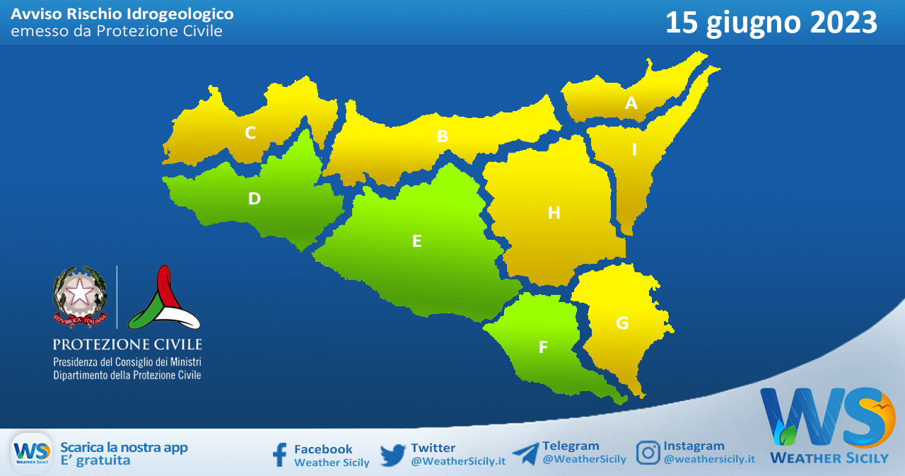 Meteo Sicilia: bollettino di allerta meteo per domani, giovedì 15 giugno 2023