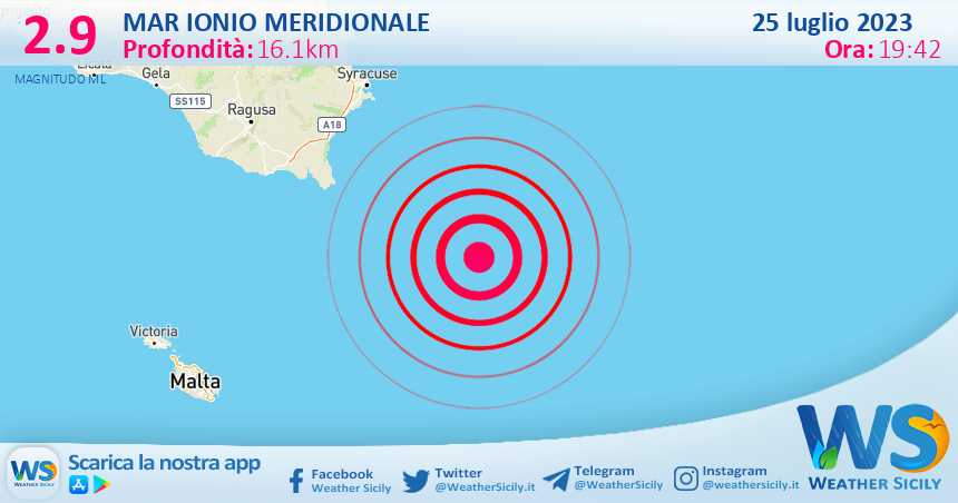 Scossa di terremoto magnitudo 2.9 nel Mar Ionio Meridionale (MARE)