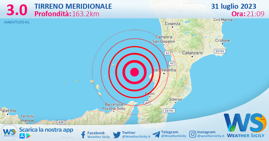 Scossa di terremoto magnitudo 3.0 nel Tirreno Meridionale (MARE)