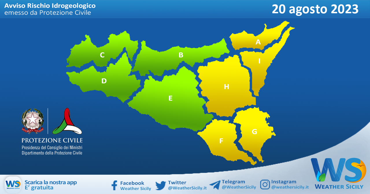 Meteo Sicilia: bollettino di allerta meteo per domani, domenica 20 agosto 2023