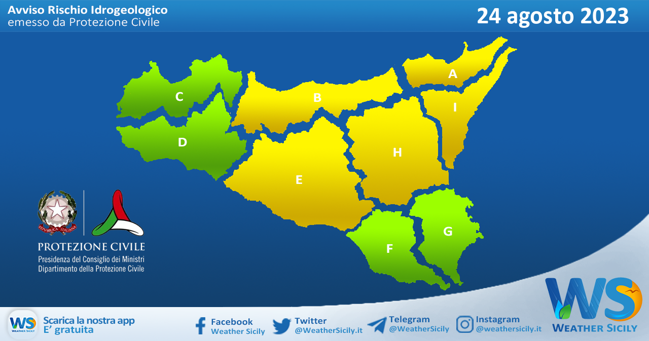 Meteo Sicilia: bollettino di allerta meteo per domani, giovedì 24 agosto 2023