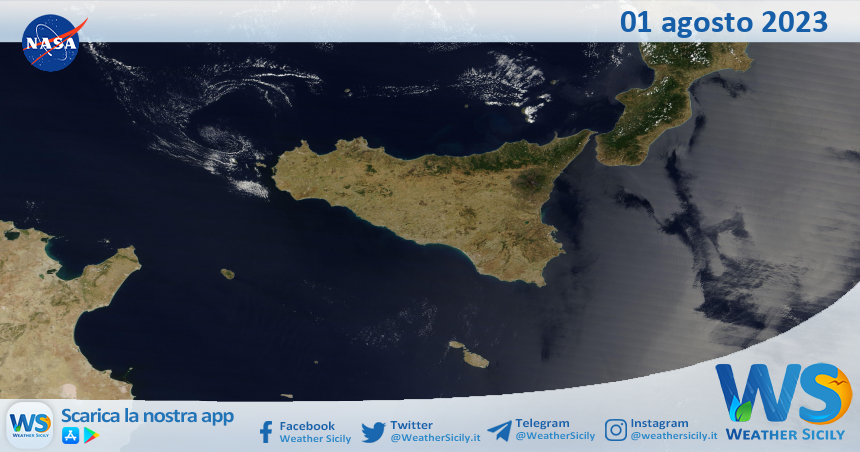 Meteo Sicilia: immagine satellitare Nasa di martedì 01 agosto 2023