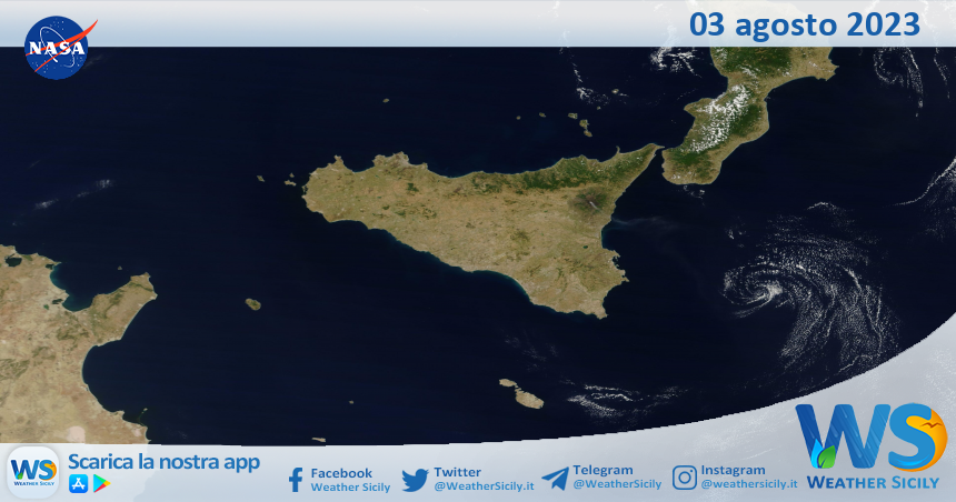 Meteo Sicilia: immagine satellitare Nasa di giovedì 03 agosto 2023