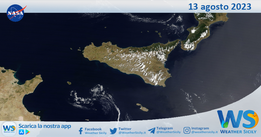 Meteo Sicilia: immagine satellitare Nasa di domenica 13 agosto 2023