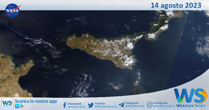 Meteo Sicilia: immagine satellitare Nasa di lunedì 14 agosto 2023