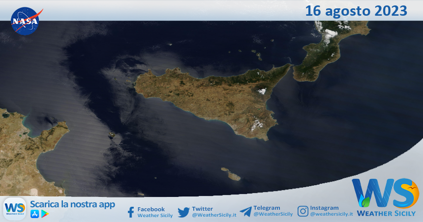 Meteo Sicilia: immagine satellitare Nasa di mercoledì 16 agosto 2023