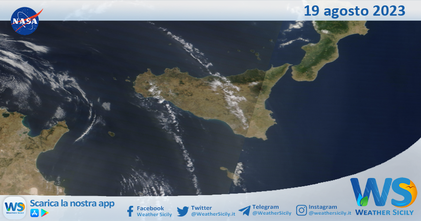 Meteo Sicilia: immagine satellitare Nasa di sabato 19 agosto 2023