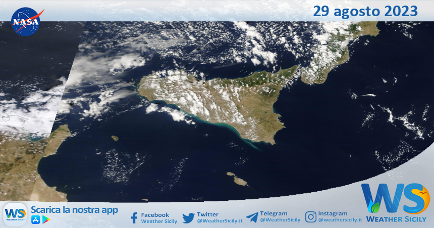 Meteo Sicilia: immagine satellitare Nasa di martedì 29 agosto 2023