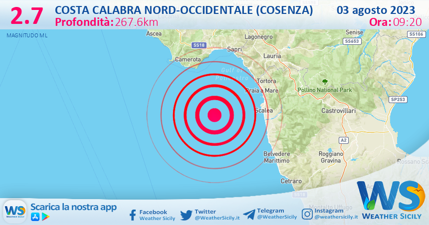 Scossa di terremoto magnitudo 2.7 nei pressi di Costa Calabra nord-occidentale (Cosenza)