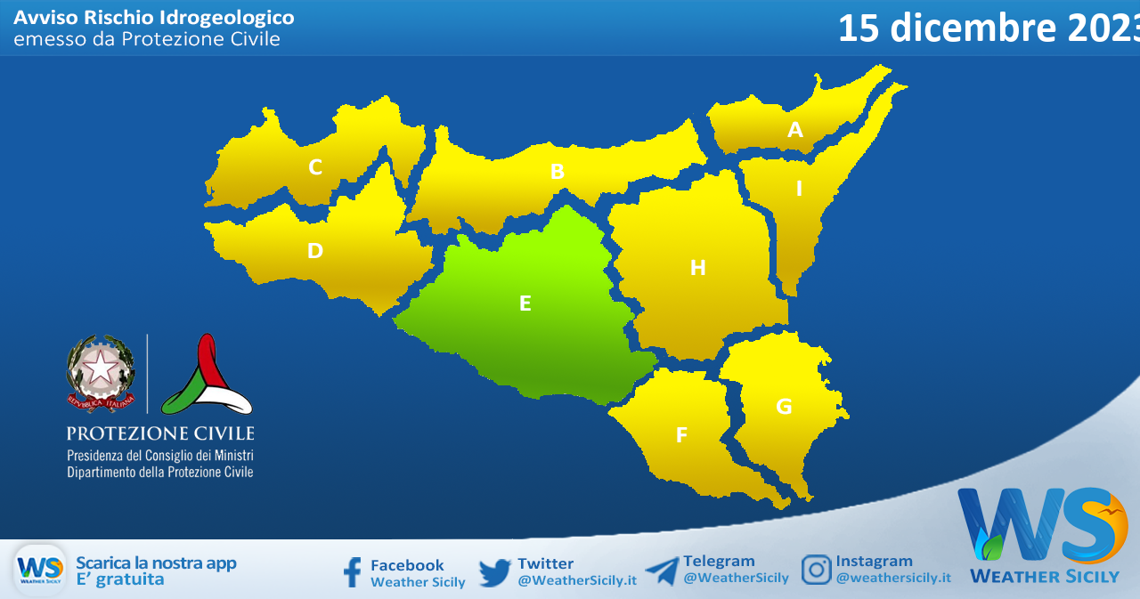 Meteo Sicilia: bollettino di allerta meteo per domani, venerdì 15 dicembre 2023