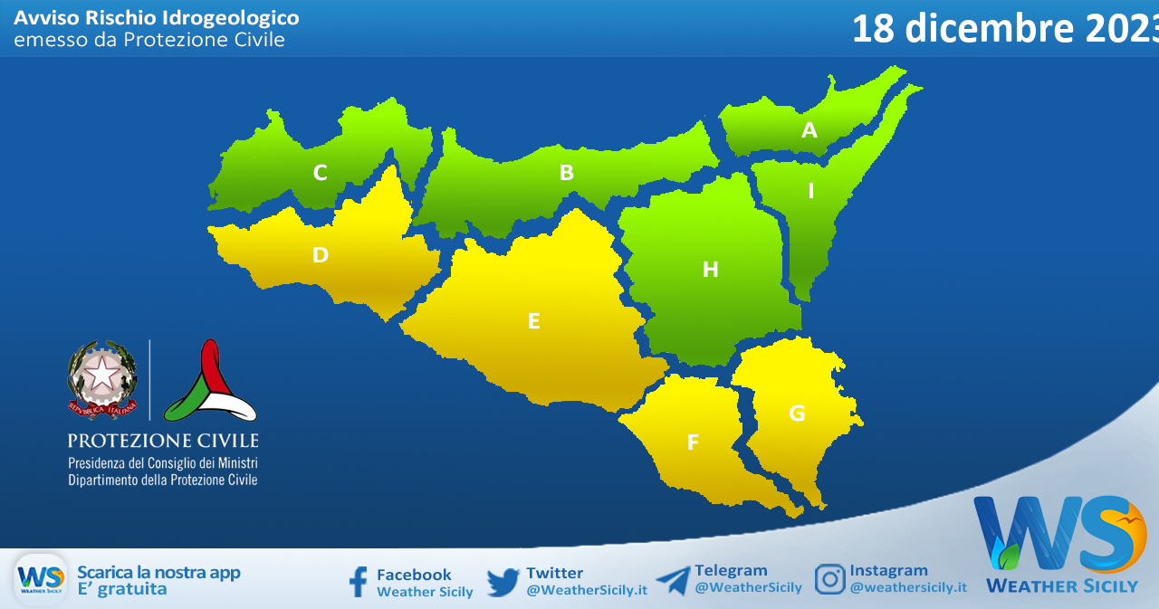 Meteo Sicilia: bollettino di allerta meteo per domani, lunedì 18 dicembre 2023