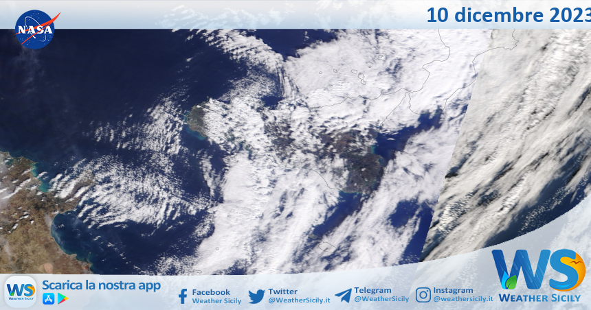 Meteo Sicilia: immagine satellitare Nasa di domenica 10 dicembre 2023