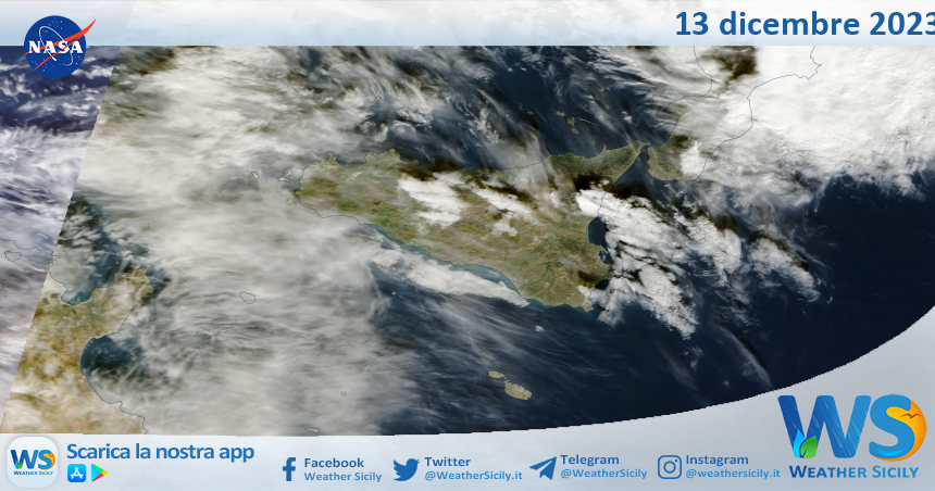 Meteo Sicilia: immagine satellitare Nasa di mercoledì 13 dicembre 2023