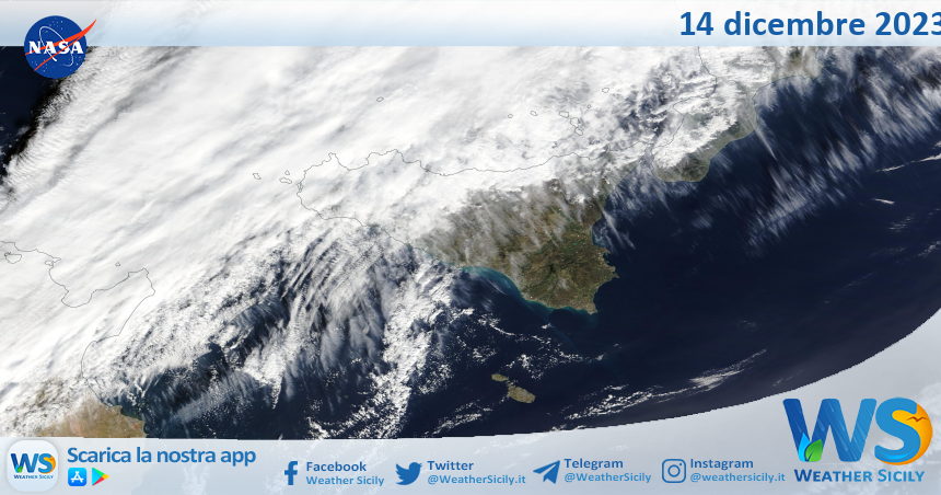 Meteo Sicilia: immagine satellitare Nasa di giovedì 14 dicembre 2023