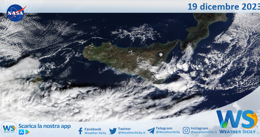 Meteo Sicilia: immagine satellitare Nasa di martedì 19 dicembre 2023