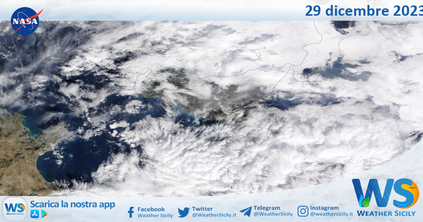 Meteo Sicilia: immagine satellitare Nasa di venerdì 29 dicembre 2023