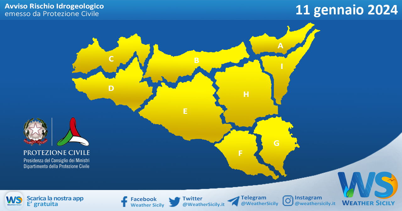 Meteo Sicilia: bollettino di allerta meteo per domani, giovedì 11 gennaio 2024