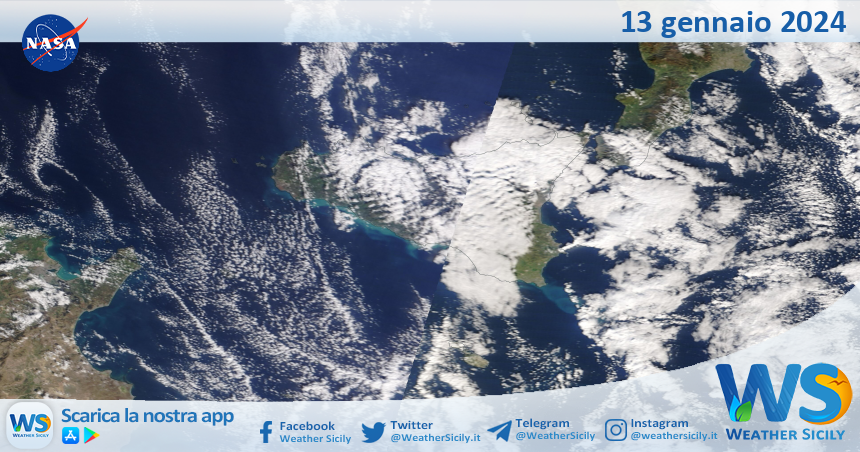 Meteo Sicilia: immagine satellitare Nasa di sabato 13 gennaio 2024