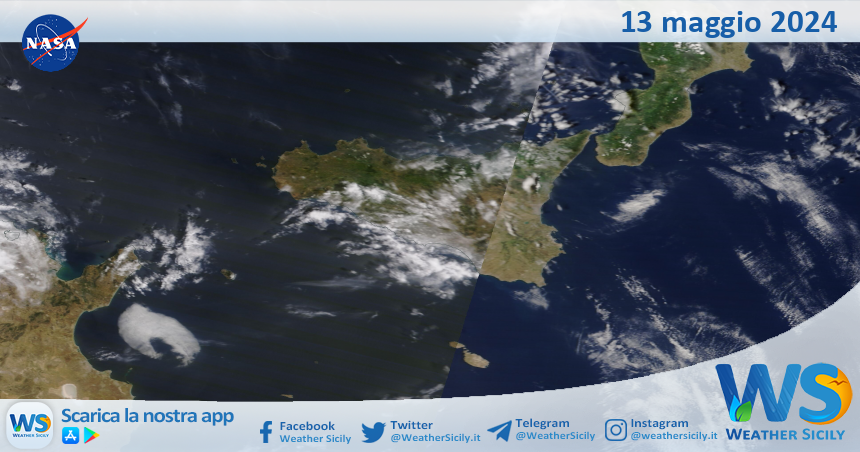 Meteo Sicilia: immagine satellitare Nasa di lunedì 13 maggio 2024