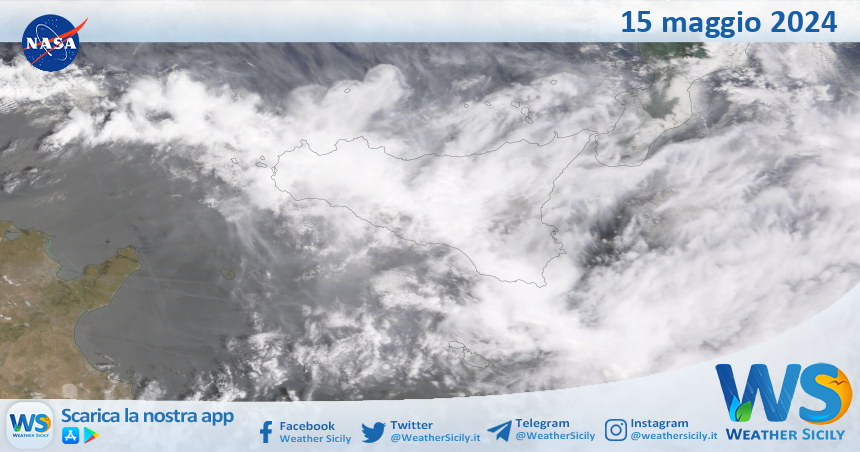 Meteo Sicilia: immagine satellitare Nasa di mercoledì 15 maggio 2024