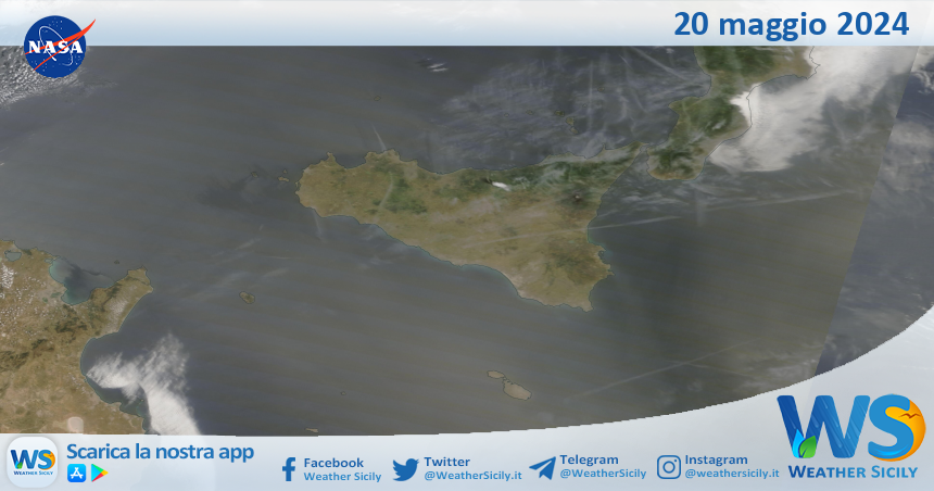 Meteo Sicilia: immagine satellitare Nasa di lunedì 20 maggio 2024