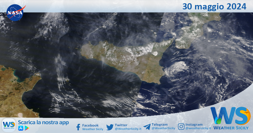 Meteo Sicilia: immagine satellitare Nasa di giovedì 30 maggio 2024