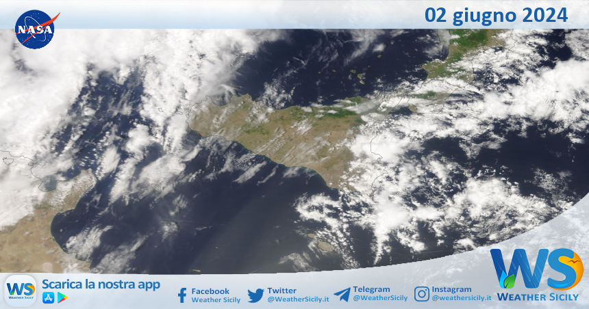 Meteo Sicilia: immagine satellitare Nasa di domenica 02 giugno 2024