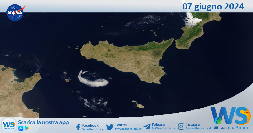 Meteo Sicilia: immagine satellitare Nasa di venerdì 07 giugno 2024