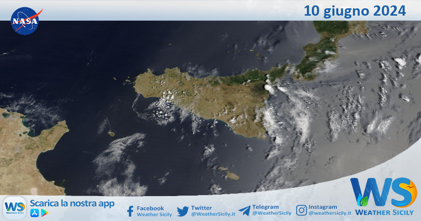 Meteo Sicilia: immagine satellitare Nasa di lunedì 10 giugno 2024