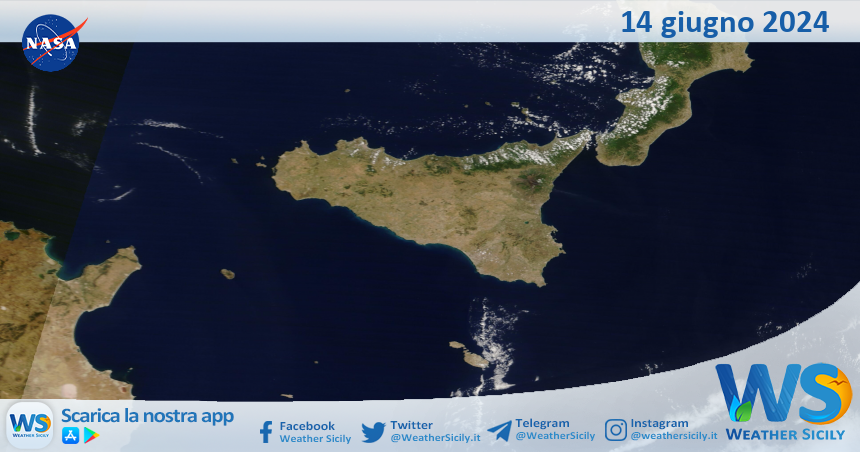 Meteo Sicilia: immagine satellitare Nasa di venerdì 14 giugno 2024