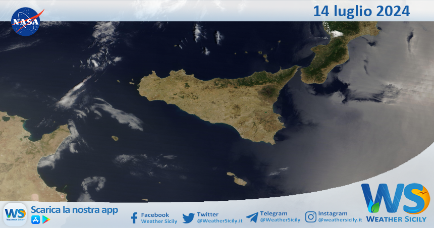 Meteo Sicilia: immagine satellitare Nasa di domenica 14 luglio 2024