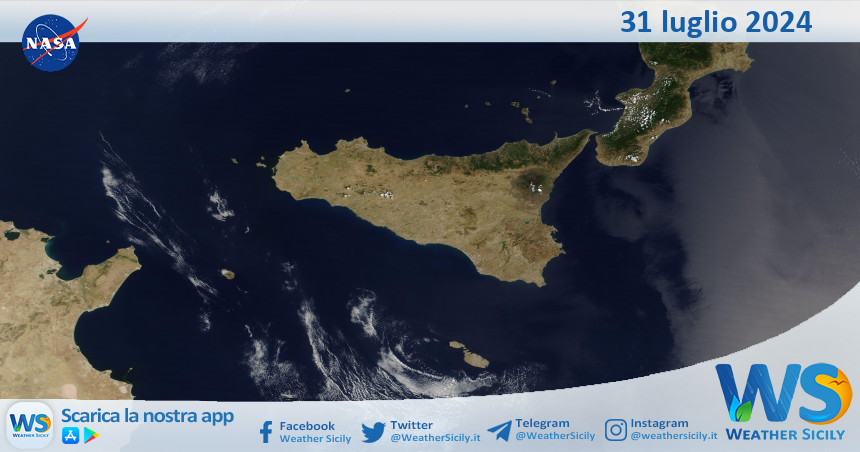 Meteo Sicilia: immagine satellitare Nasa di mercoledì 31 luglio 2024