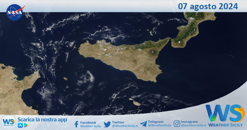 Meteo Sicilia: immagine satellitare Nasa di mercoledì 07 agosto 2024