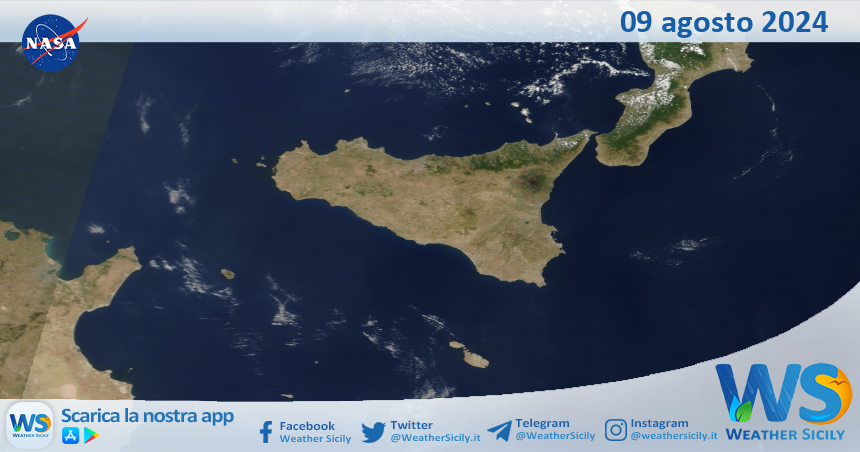 Meteo Sicilia: immagine satellitare Nasa di venerdì 09 agosto 2024