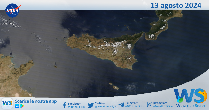 Meteo Sicilia: immagine satellitare Nasa di martedì 13 agosto 2024