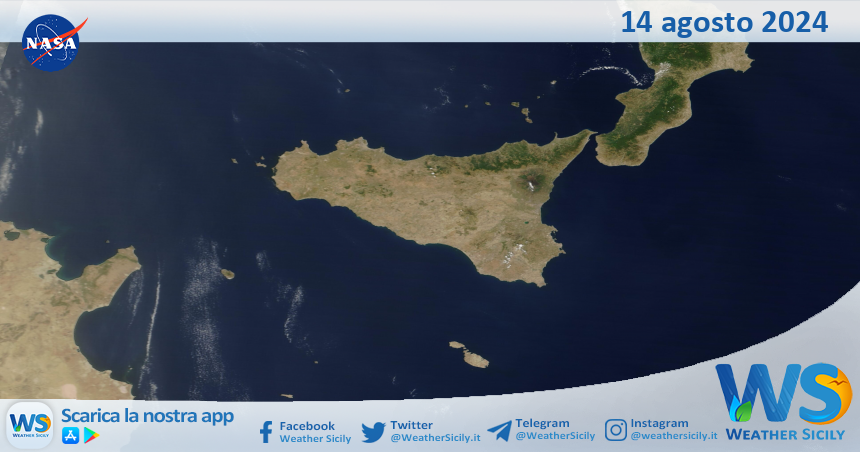 Meteo Sicilia: immagine satellitare Nasa di mercoledì 14 agosto 2024