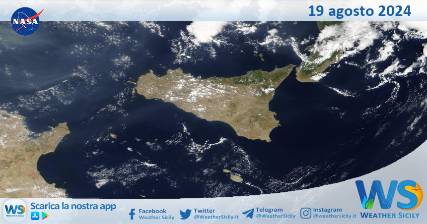 Meteo Sicilia: immagine satellitare Nasa di lunedì 19 agosto 2024