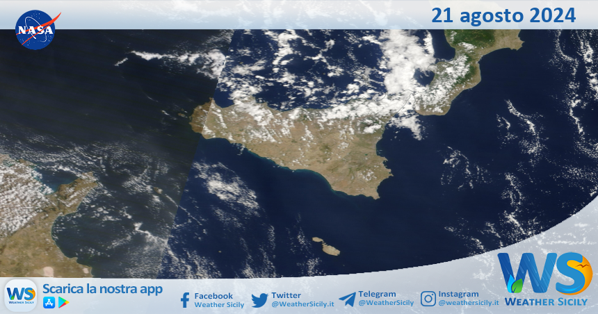 Meteo Sicilia: immagine satellitare Nasa di mercoledì 21 agosto 2024