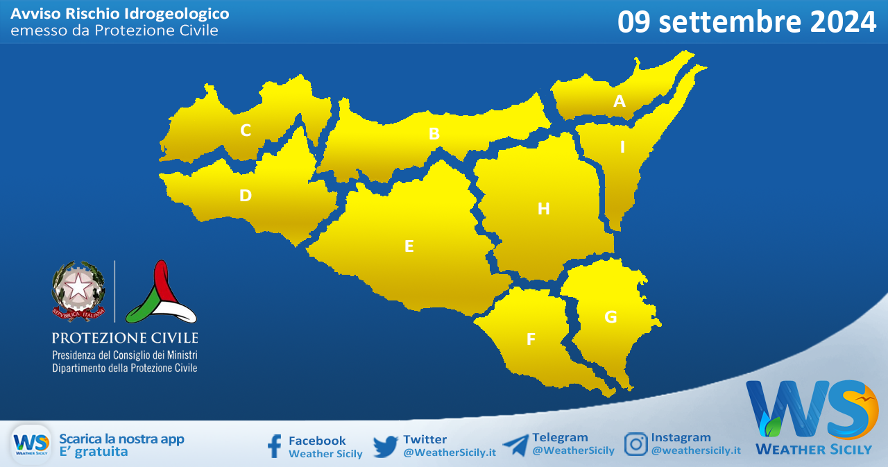 Meteo Sicilia: bollettino di allerta meteo per domani, lunedì 09 settembre 2024