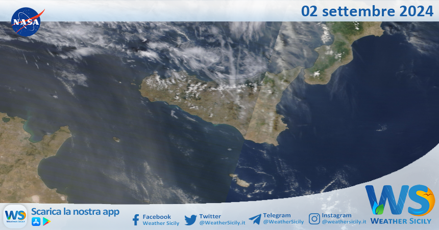 Meteo Sicilia: immagine satellitare Nasa di lunedì 02 settembre 2024