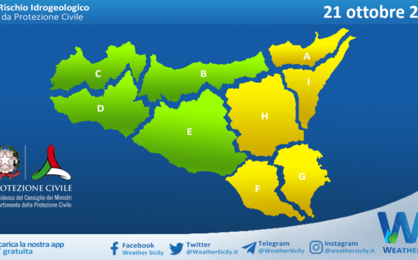 Meteo Sicilia: bollettino di allerta meteo per domani, lunedì 21 ottobre 2024