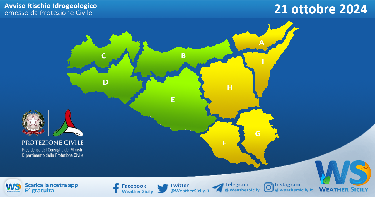 Meteo Sicilia: bollettino di allerta meteo per domani, lunedì 21 ottobre 2024