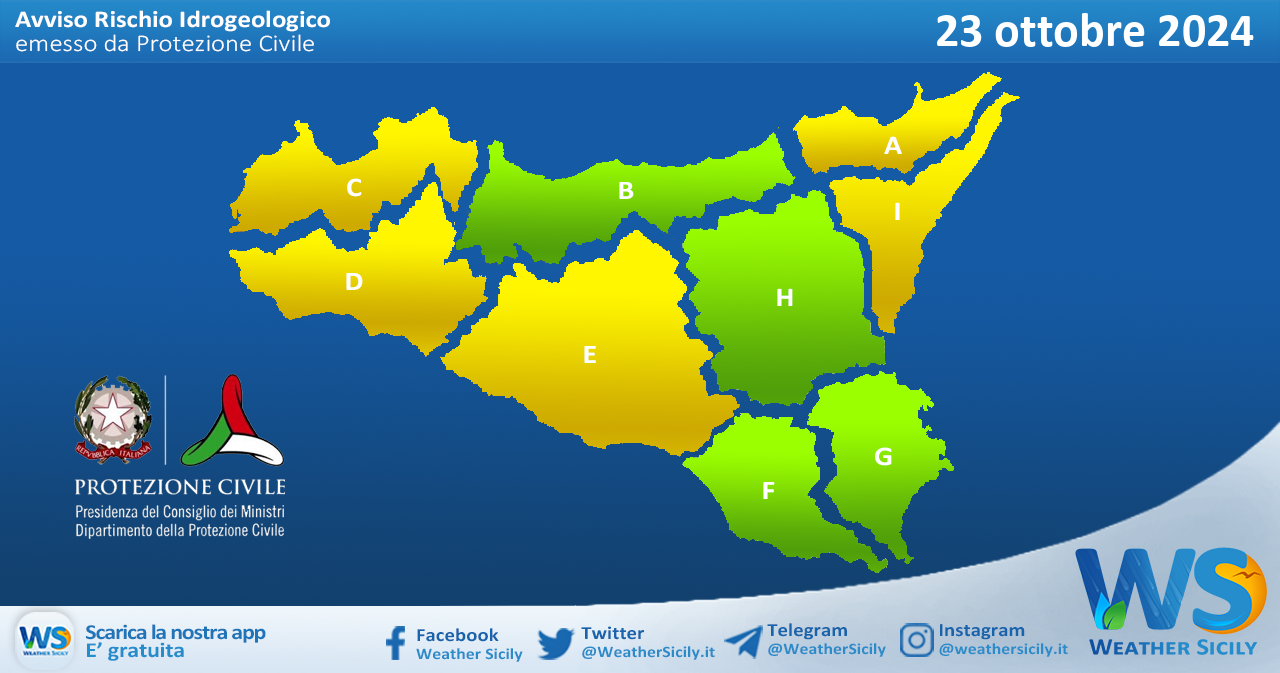 Meteo Sicilia: bollettino di allerta meteo per domani, mercoledì 23 ottobre 2024