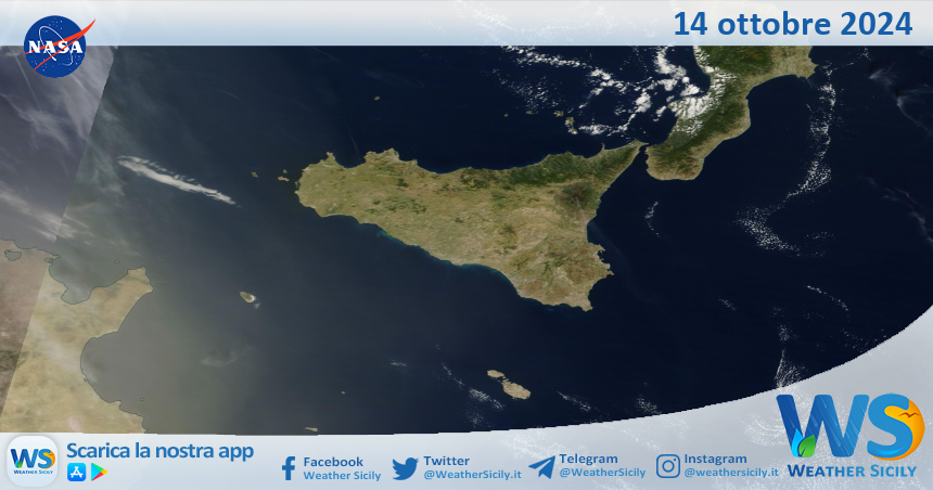 Meteo Sicilia: immagine satellitare Nasa di lunedì 14 ottobre 2024