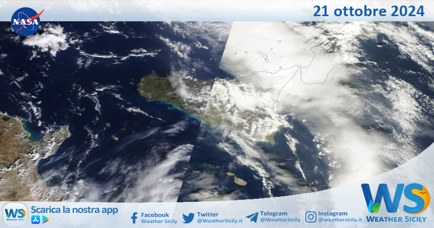 Meteo Sicilia: immagine satellitare Nasa di lunedì 21 ottobre 2024