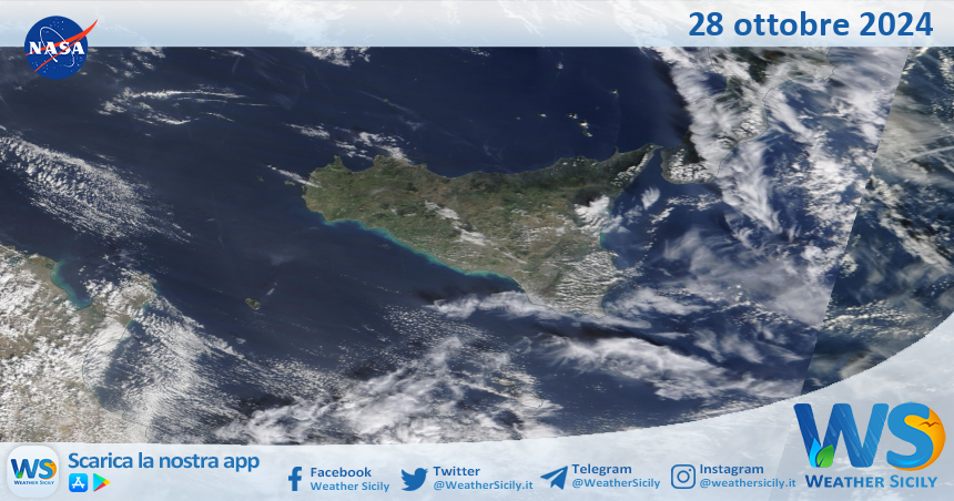 Meteo Sicilia: immagine satellitare Nasa di lunedì 28 ottobre 2024